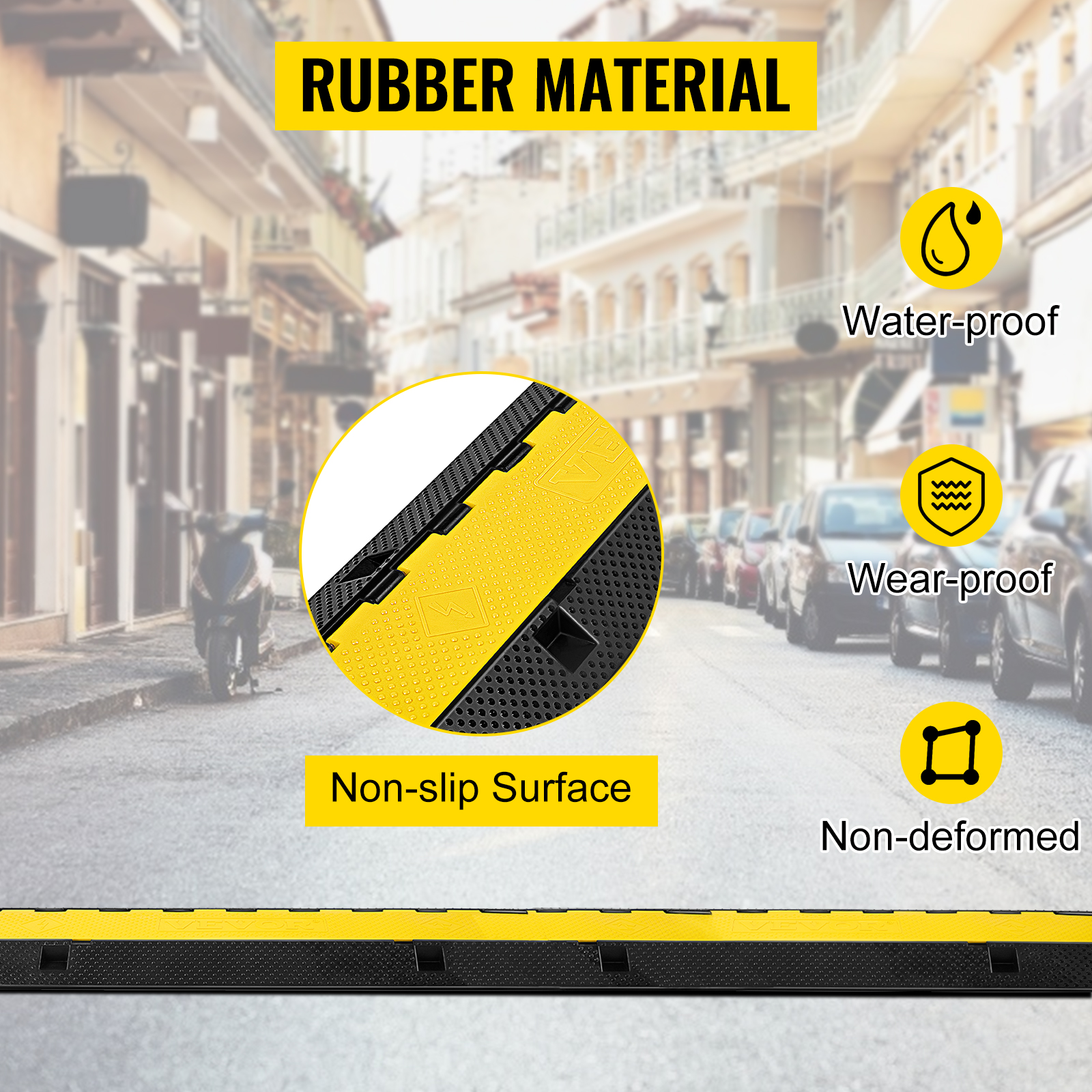 VEVOR cable protector ramp, yellow and black non-slip surface, waterproof, wear-proof.
