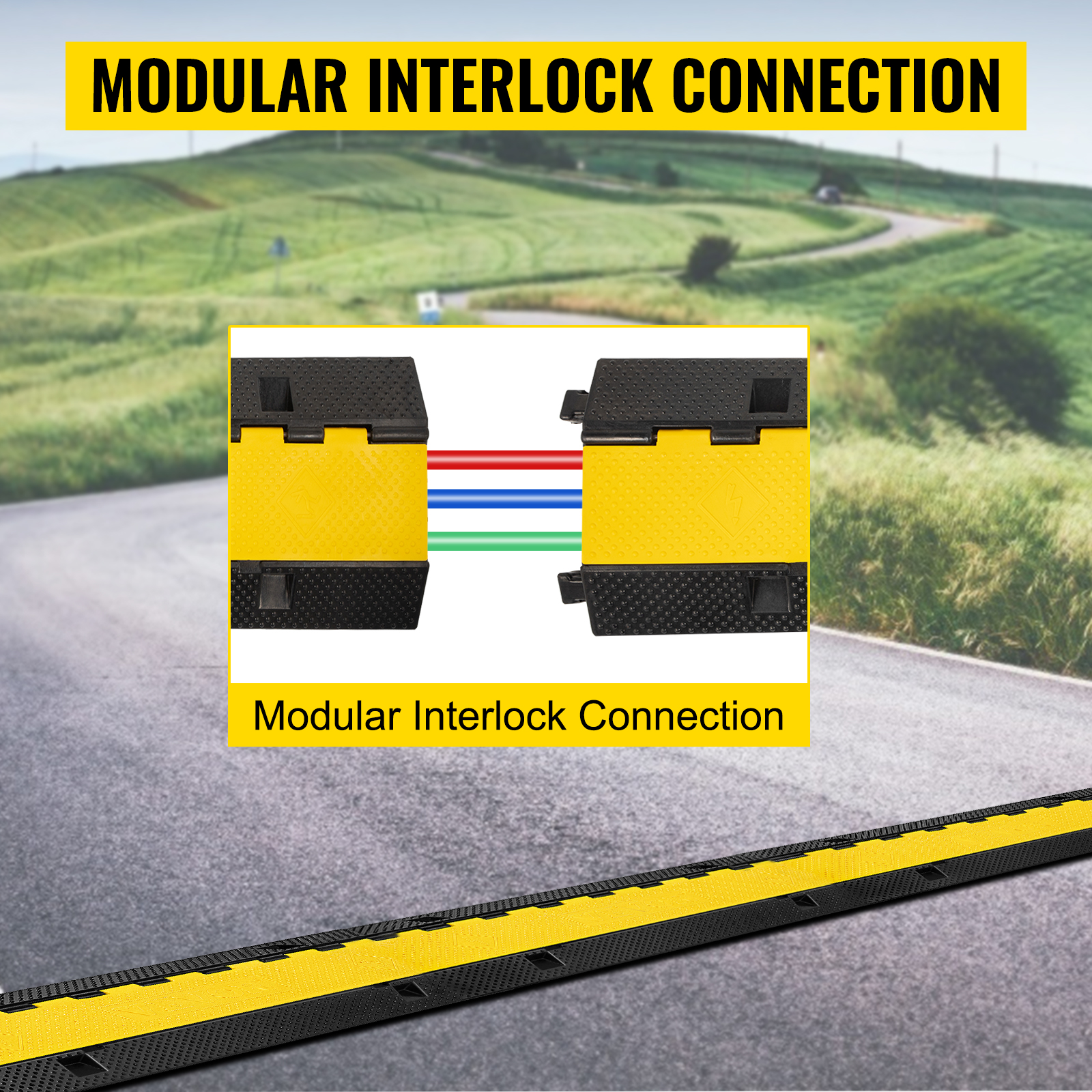 VEVOR cable protector ramp showcasing modular interlock connection on a road background.