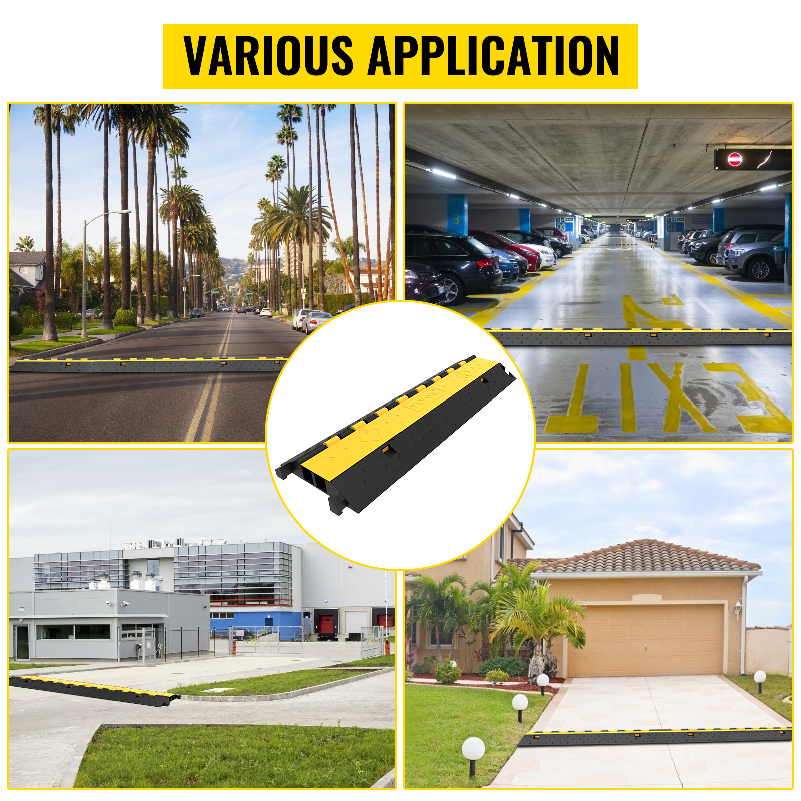 VEVOR cable protector showcased in various settings: street, parking garage, and driveway.