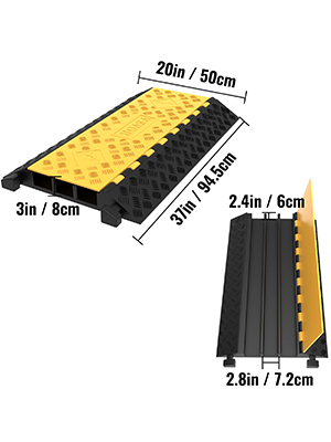dimensions and details of VEVOR cable protector ramps with yellow lid and black base.