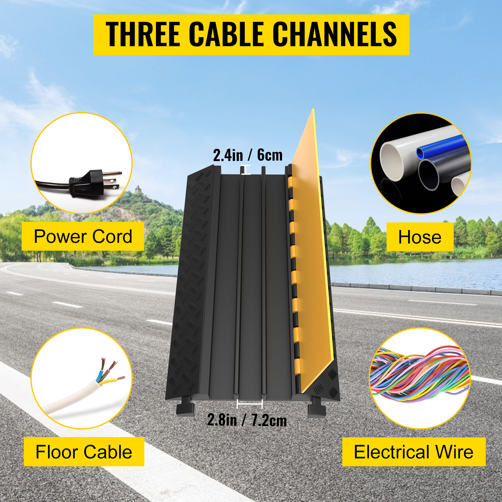 VEVOR cable protector ramps with three channels for power cords, hoses, and floor cables.