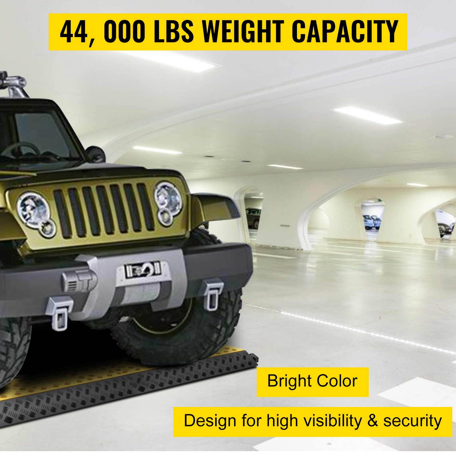 VEVOR cable protector ramps showcasing 44,000 lbs weight capacity in a garage setting.