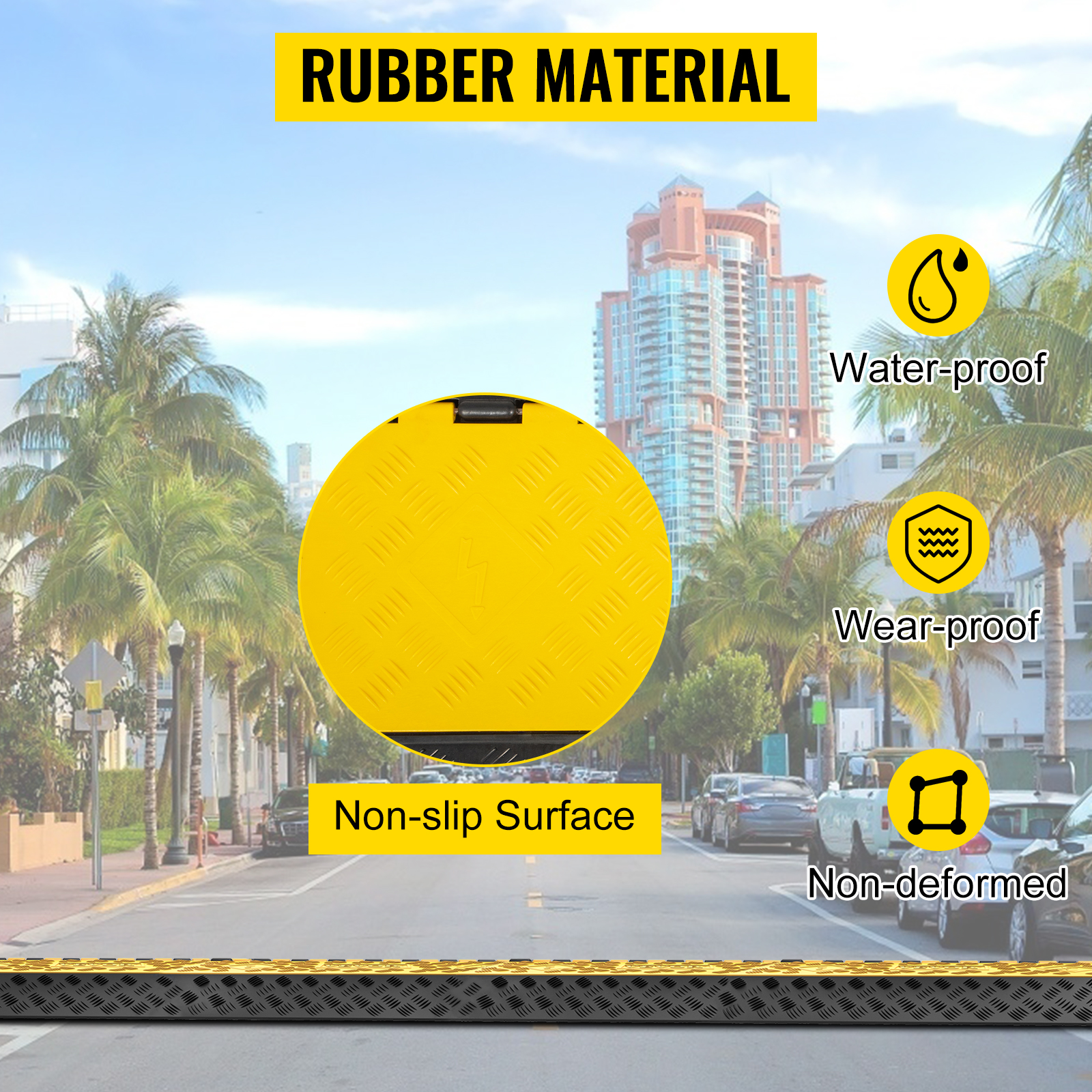VEVOR cable protector ramps, rubber material, waterproof, wear-proof, non-slip surface.
