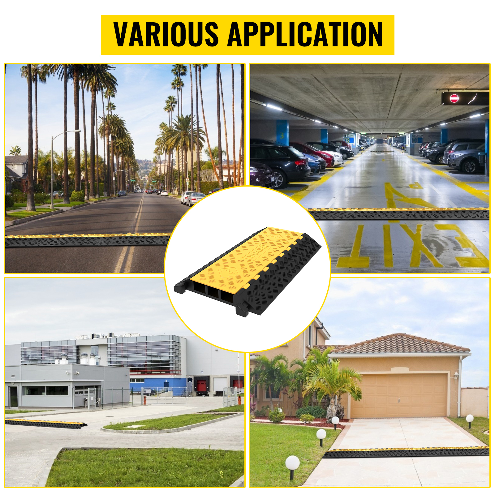 VEVOR cable protector ramps in various locations for versatile outdoor and indoor use.