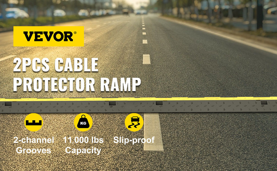 VEVOR cable protector ramp on road with 2-channel grooves, 11,000 lbs capacity, and slip-proof design.