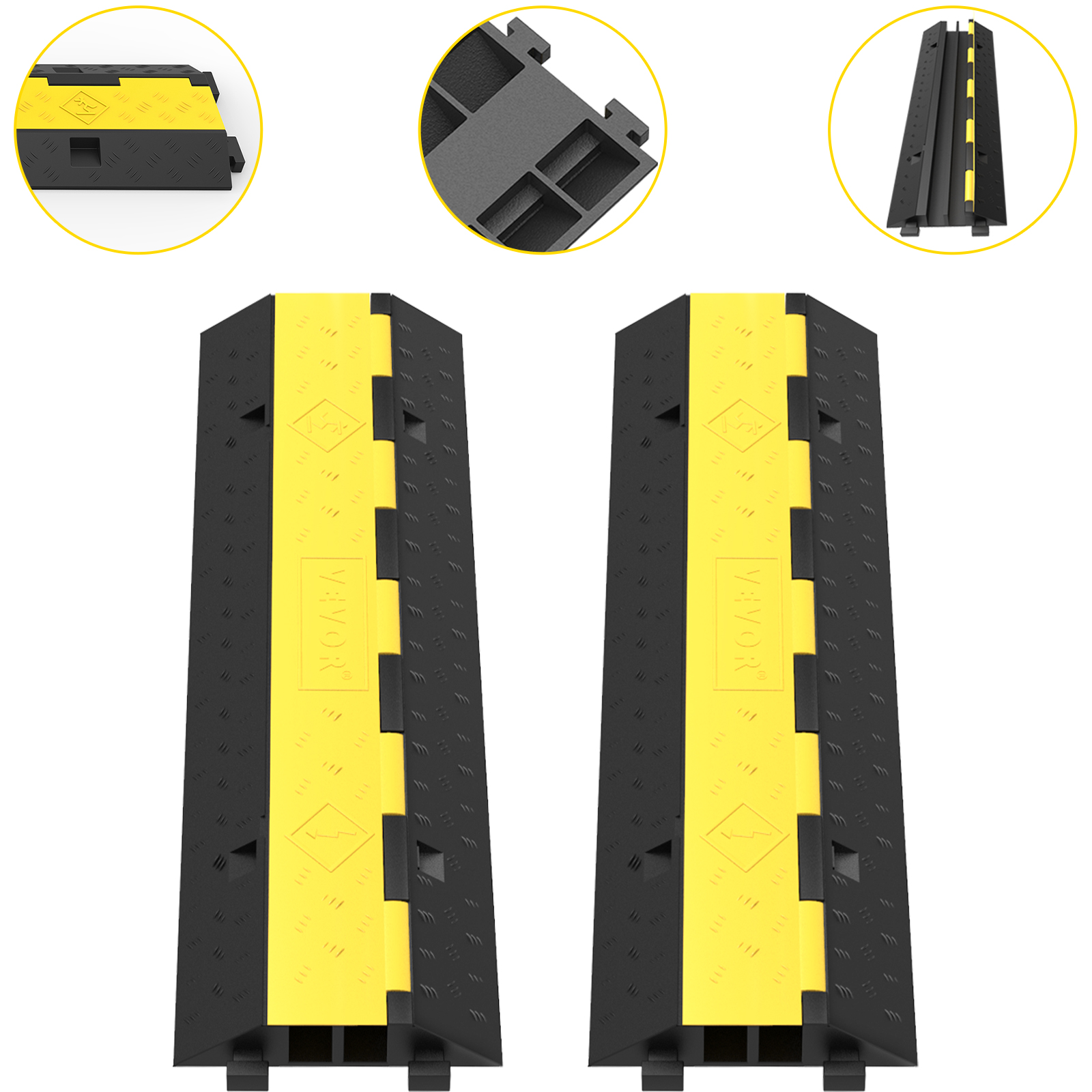 two VEVOR cable protector ramps with black bases and yellow covers showing interlocking connectors.