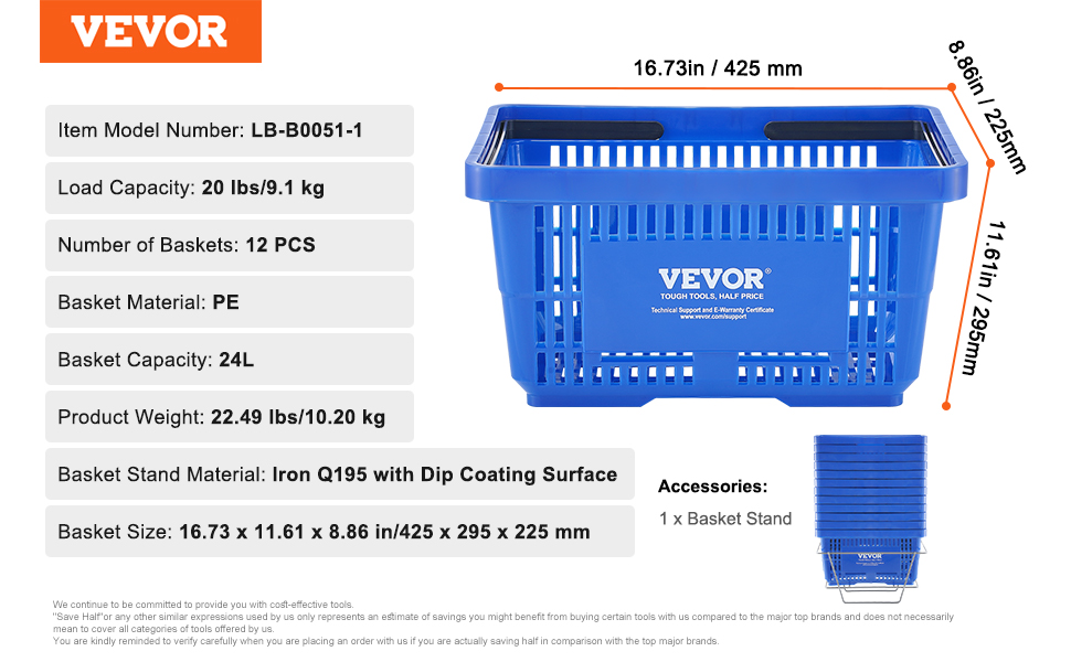 VEVOR shopping basket, blue, 24l capacity, load 20 lbs, 12 pcs, pe material, 16.73 x 11.61 x 8.86 in.