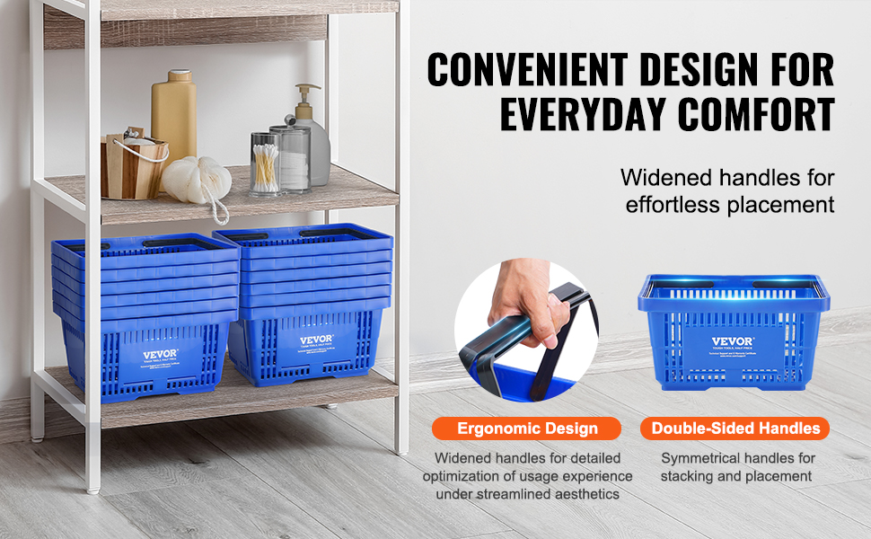 blue VEVOR shopping basket with ergonomic handles on a wooden shelf displaying convenient design features.