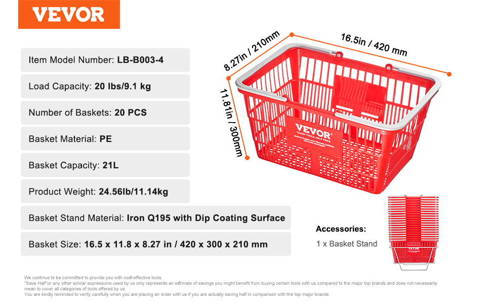 VEVOR shopping basket, 20 pcs, 21l capacity, pe material, iron stand, 16.5 x 11.8 x 8.27 in dimensions.