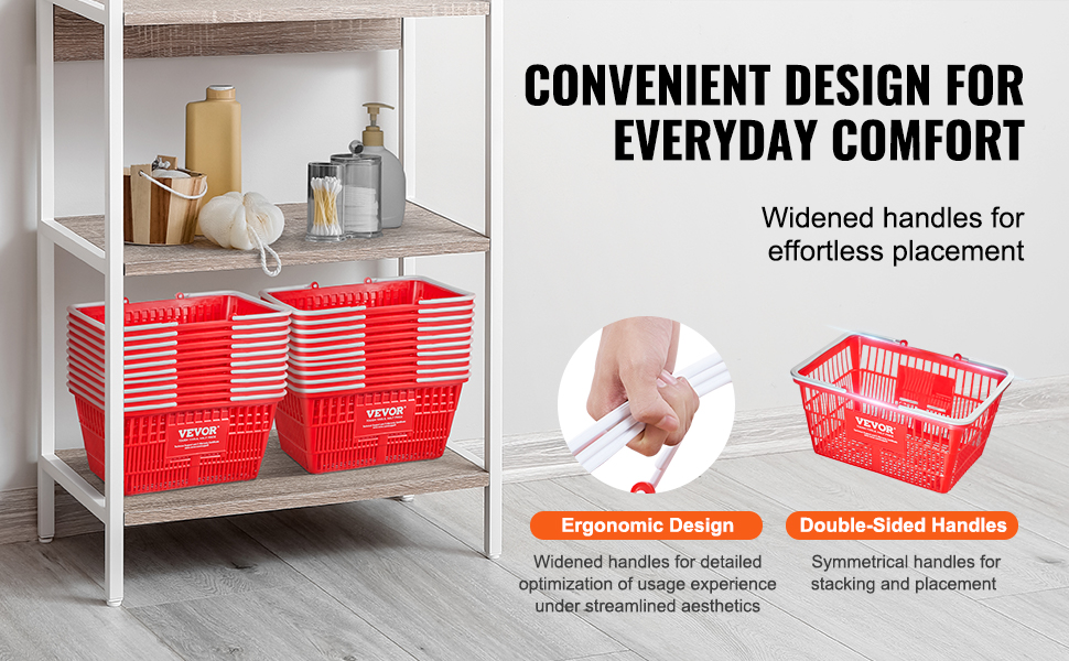 red VEVOR shopping baskets with double-sided handles on a shelving unit, showcasing ergonomic design.