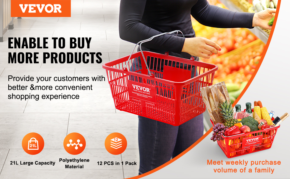 VEVOR shopping basket in grocery store, highlighting 21l capacity, polyethylene material, and 12-pack.