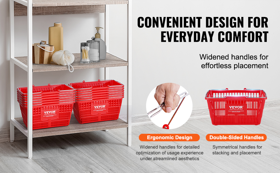 red VEVOR shopping basket with widened handles on a shelf; optimized for ergonomic comfort.