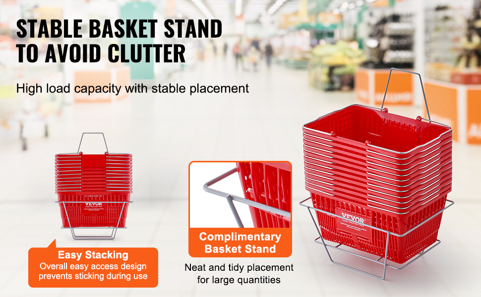 VEVOR shopping basket with stand for easy stacking and high load capacity in a supermarket aisle.
