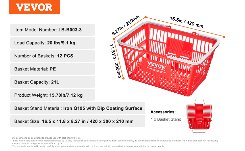 VEVOR grocery basket, 21l capacity, red pe material, 20 lbs load, includes 12 baskets with iron stand.