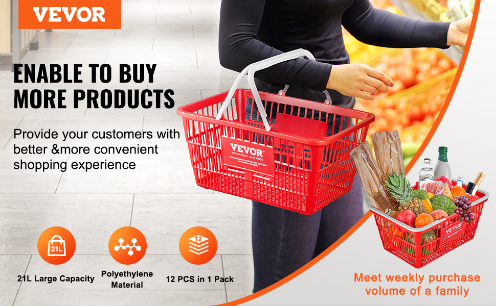 VEVOR grocery basket, 21-liter capacity, red, polyethylene, convenient shopping experience, 12 pieces pack.