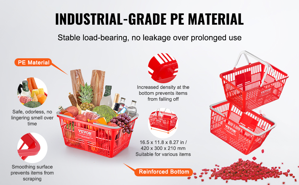 red VEVOR grocery basket made from industrial-grade pe material, showcasing reinforced bottom and smooth edges.