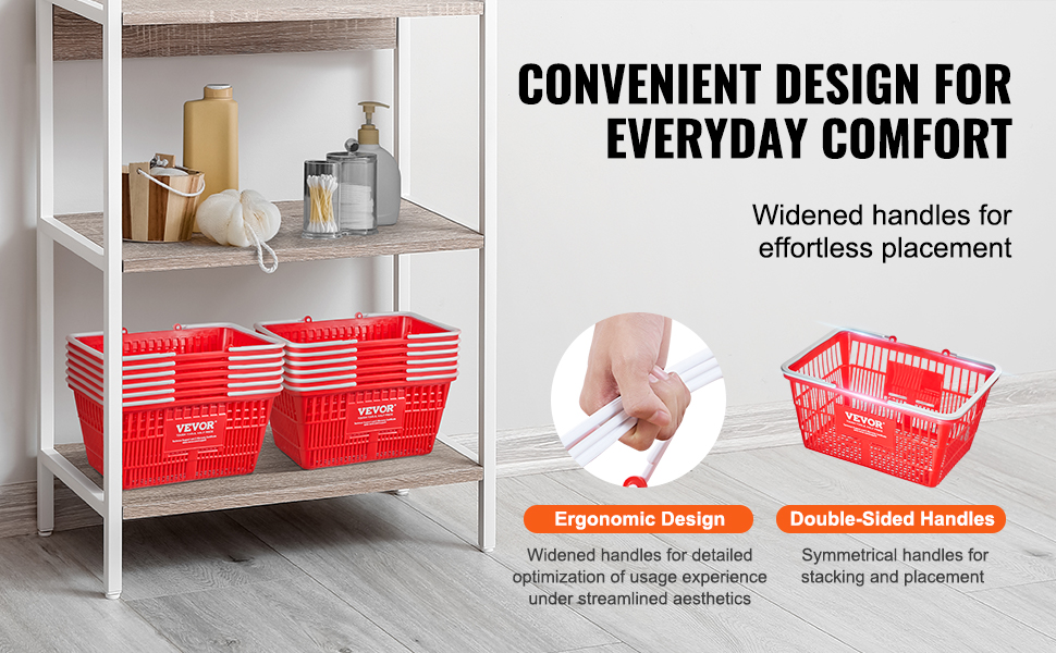 red VEVOR grocery basket with ergonomic and double-sided handles on wooden shelves, promoting convenience.