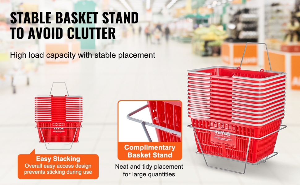 VEVOR grocery basket stand for stable and clutter-free storage, easy stacking, and high load capacity.