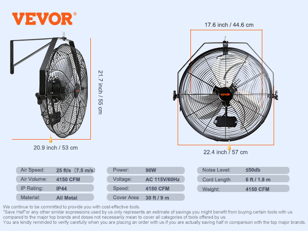VEVOR wall mount fan with 4150 cfm airflow, 21.7-inch height, 22.4-inch width, and all-metal build.