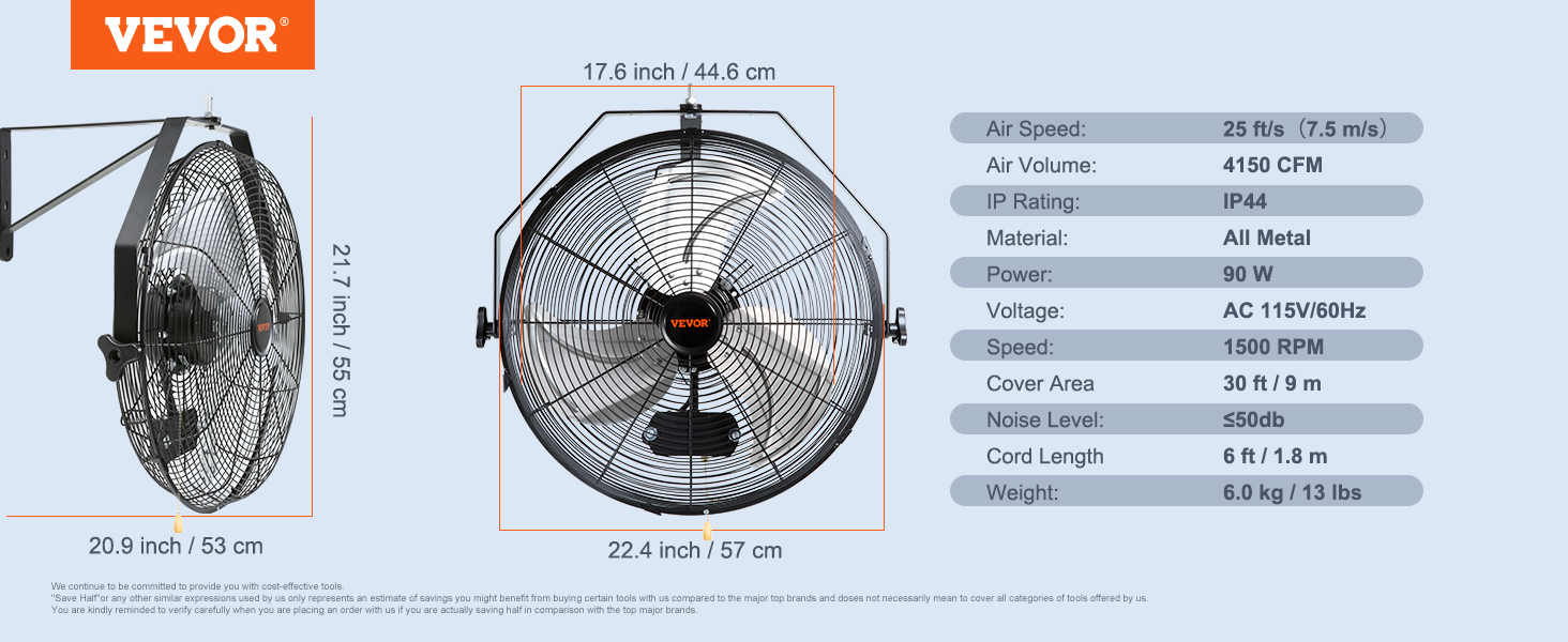 VEVOR wall mount fan with 4150 cfm airflow, 21.7-inch height, 22.4-inch width, and all-metal build.