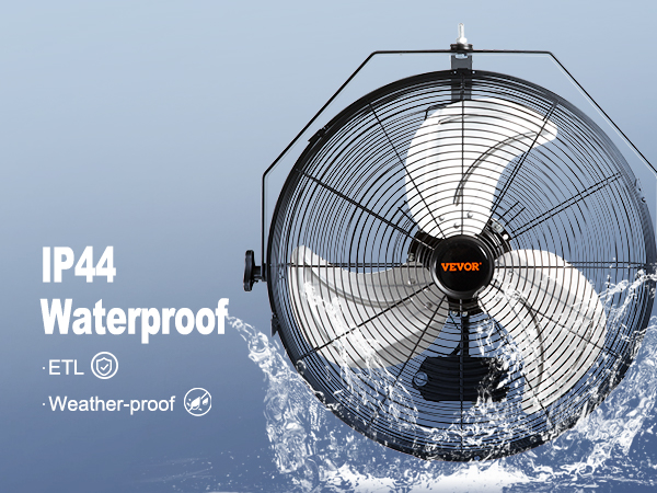VEVOR wall mount fan, ip44 waterproof, etl certified, weather-proof for outdoor use.