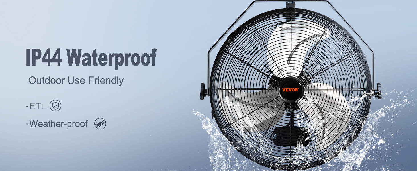 VEVOR wall mount fan, ip44 waterproof, etl certified, weather-proof for outdoor use.