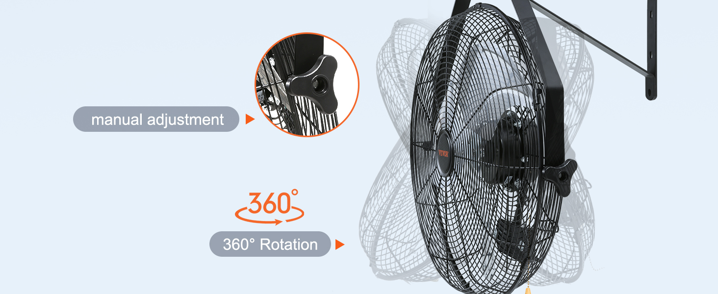 VEVOR wall mount fan with manual adjustment and 360° rotation for versatile cooling solutions.