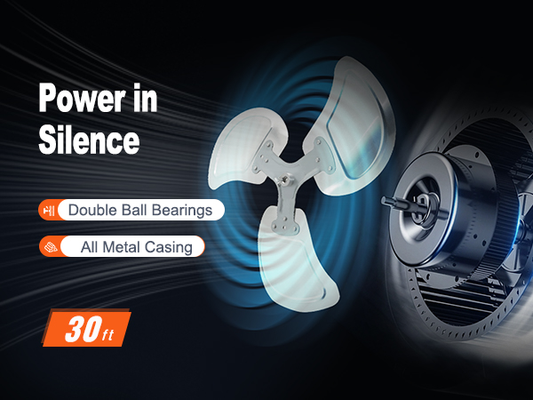 VEVOR wall mount fan with double ball bearings and all-metal casing for silent operation, 30 ft range.