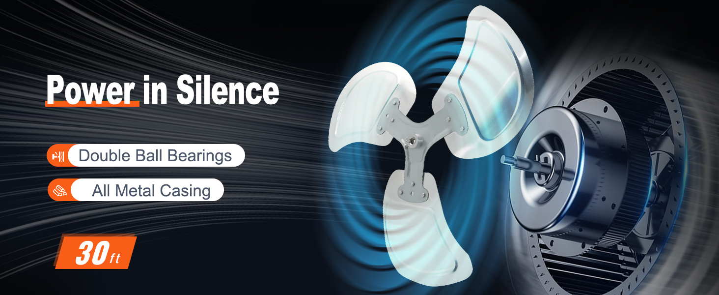 VEVOR wall mount fan with double ball bearings and all-metal casing for silent operation, 30 ft range.