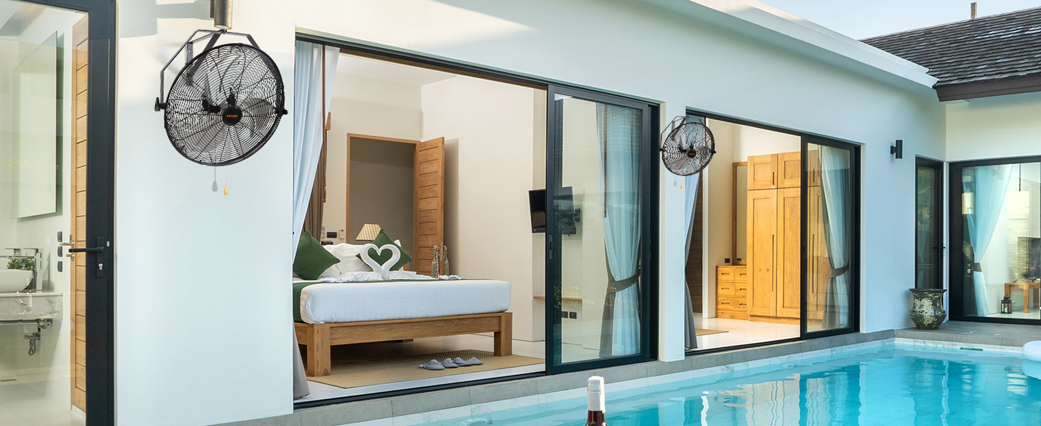 modern patio with VEVOR wall mount fan beside sliding doors, overlooking a luxurious pool and bedroom.