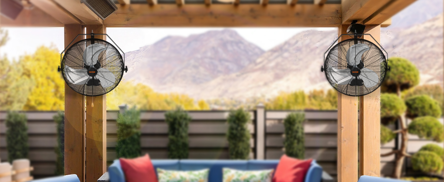 dual VEVOR wall mount fans on a wooden pergola overlooking a patio with a mountain backdrop.