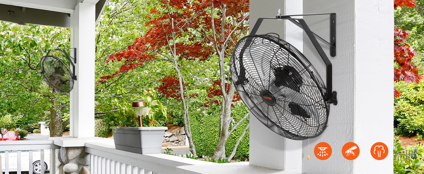 VEVOR wall mount fan on a porch with green and red foliage in the background.