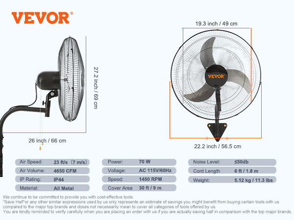 VEVOR wall mount fan with detailed dimensions and specifications including cfm, rpm, and voltage.