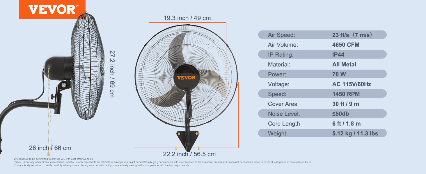 VEVOR wall mount fan with detailed dimensions and specifications including cfm, rpm, and voltage.