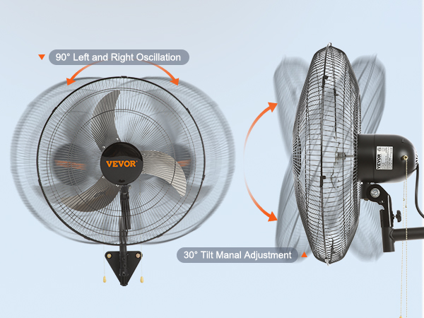 Настенный вентилятор VEVOR с возможностью поворота на 90 ° и наклона на 30° для оптимального управления воздушным потоком.