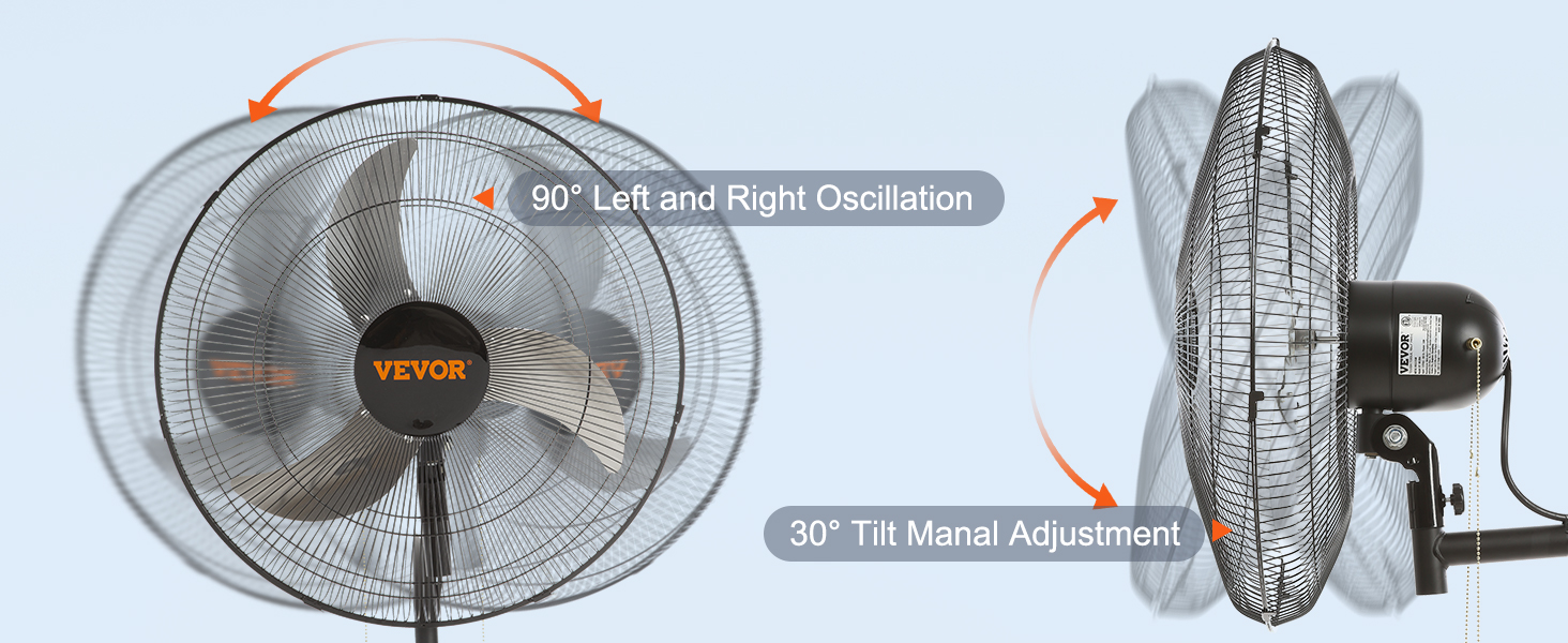 Настенный вентилятор VEVOR с возможностью поворота на 90 ° и наклона на 30° для оптимального управления воздушным потоком.