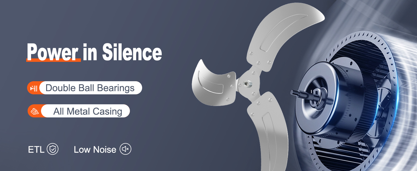 Настенный вентилятор VEVOR с двойными шарикоподшипниками, цельнометаллическим корпусом, сертифицирован etl и обладает низким уровнем шума.