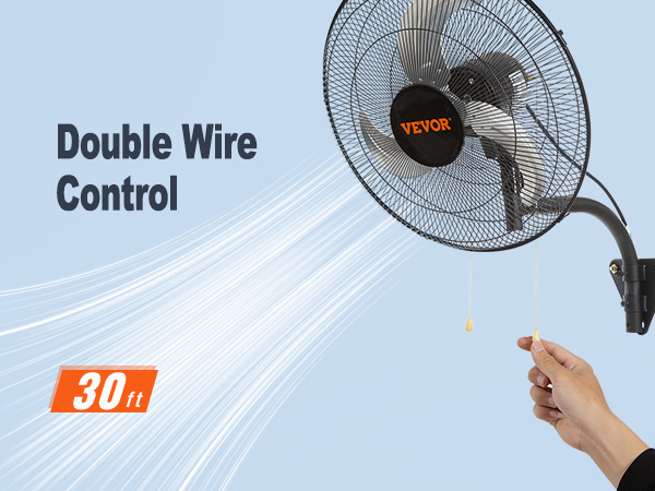 Настенный вентилятор VEVOR с двойным проводным управлением и радиусом действия 30 футов, оснащенный вытяжной цепью.
