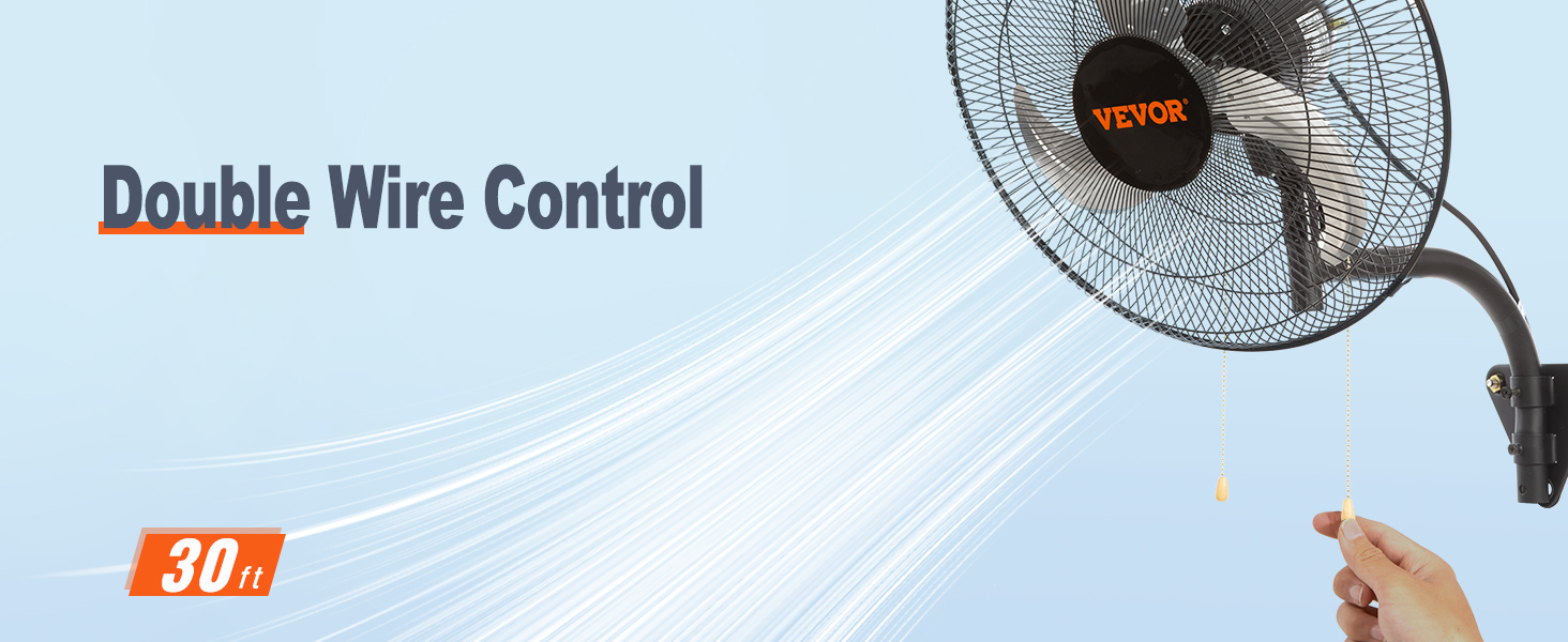 Настенный вентилятор VEVOR с двойным проводным управлением и радиусом действия 30 футов, оснащенный вытяжной цепью.