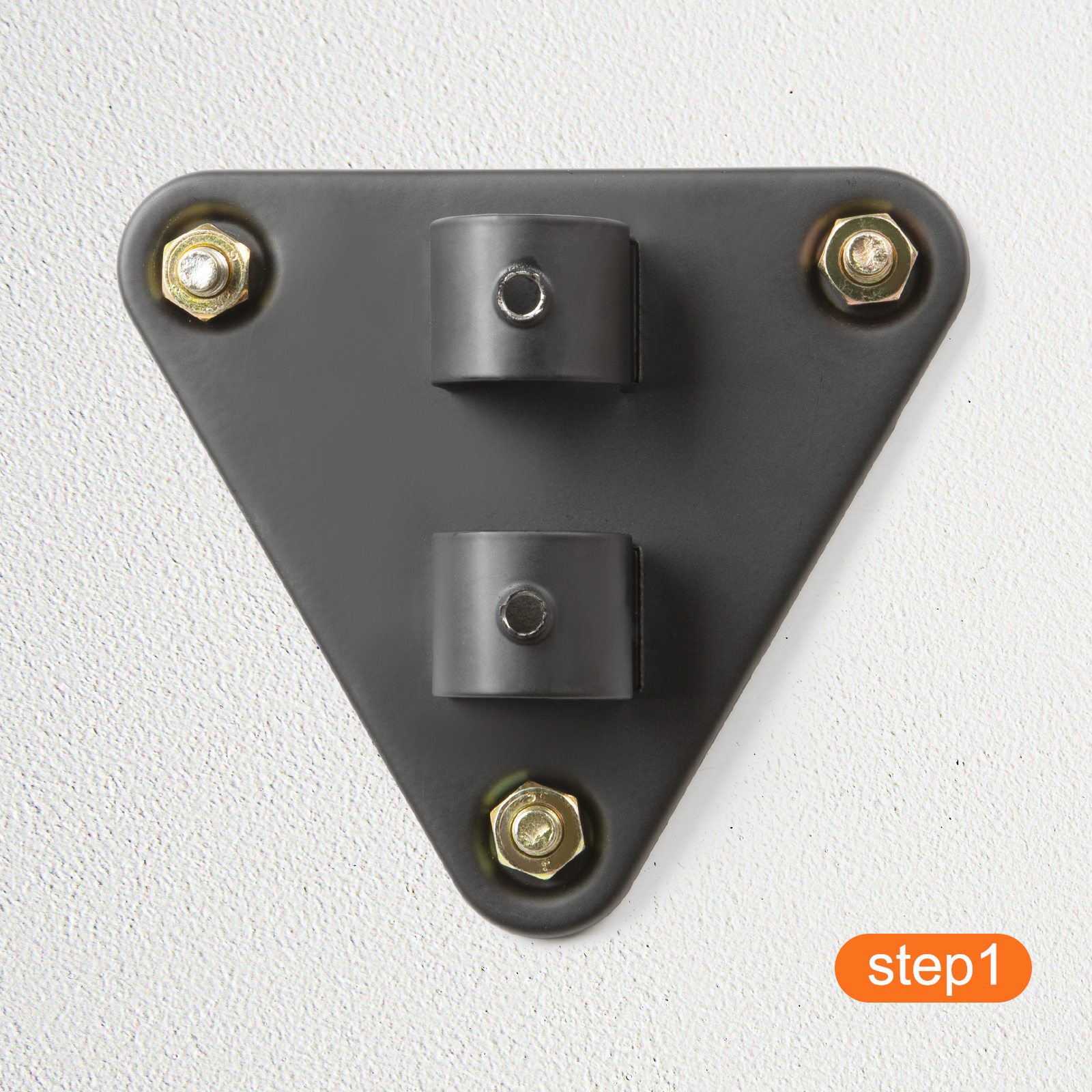 wall mounting bracket for VEVOR wall mount fan attached to a white wall, labeled "step1".
