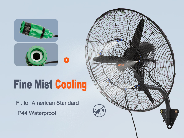 VEVOR wall-mount misting fan with fine mist cooling, ip44 waterproof, and american standard fit.
