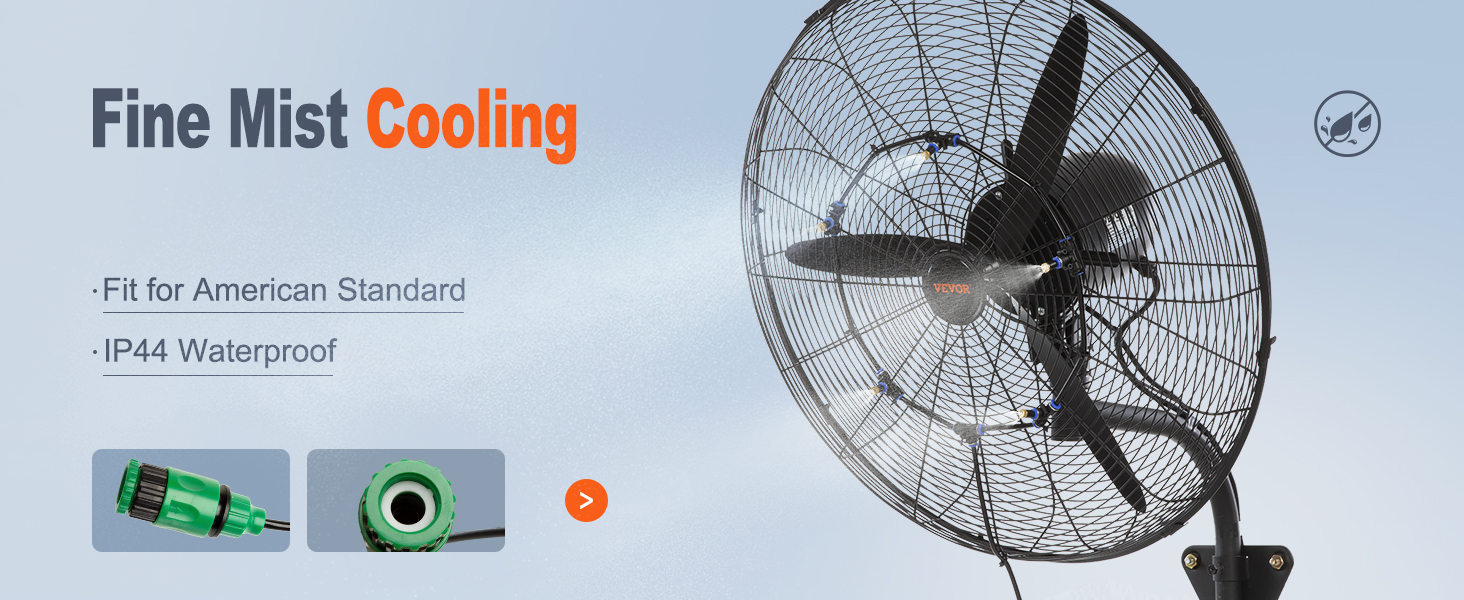 VEVOR wall-mount misting fan with fine mist cooling, ip44 waterproof, and american standard fit.