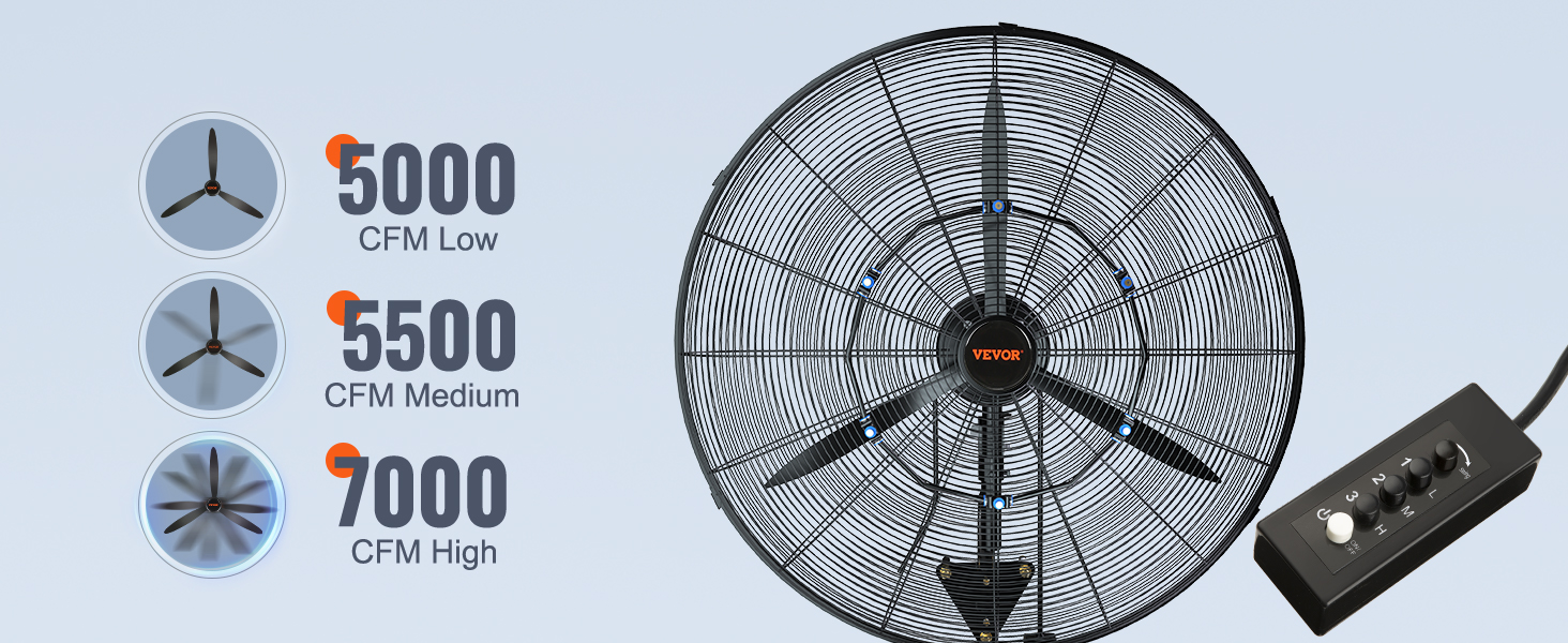 VEVOR wall-mount misting fan with 5000 cfm low, 5500 cfm medium, 7000 cfm high settings.