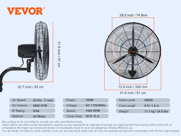 VEVOR wall-mount misting fan dimensions 31.9x31.9 inches, 150w, air speed 23 ft/s, ip44 rating.