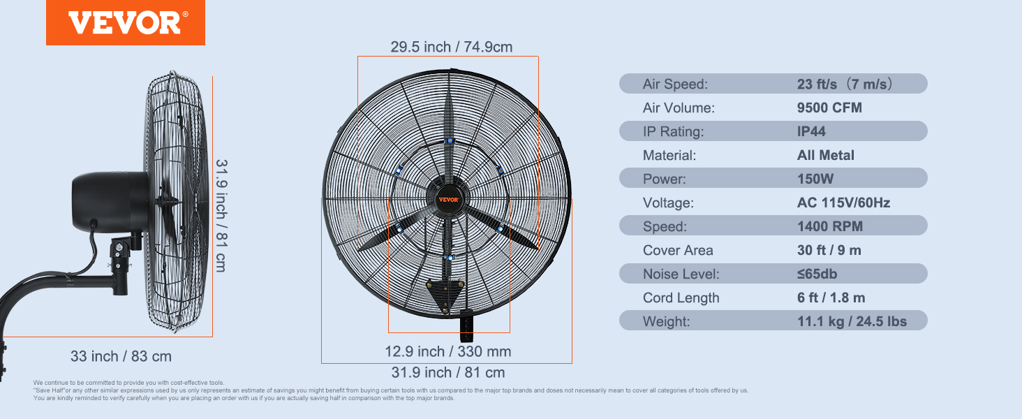VEVOR wall-mount misting fan dimensions 31.9x31.9 inches, 150w, air speed 23 ft/s, ip44 rating.