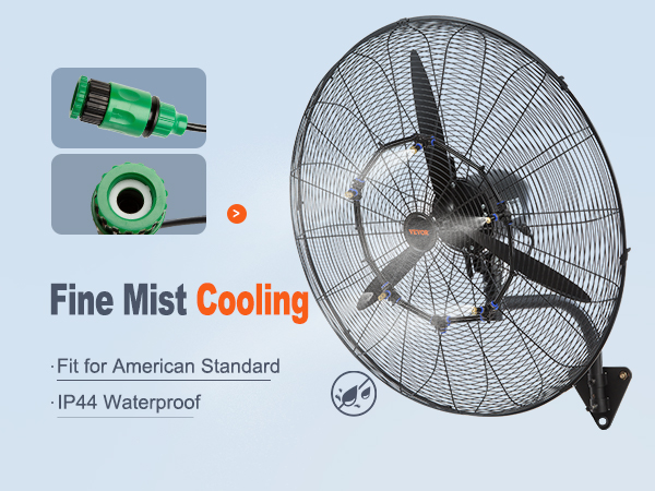 VEVOR wall-mount misting fan provides fine mist cooling and is ip44 waterproof, fit for american standard.