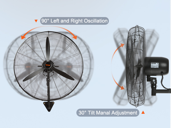 VEVOR wall-mount misting fan with 90° oscillation and 30° tilt for cooling versatility.