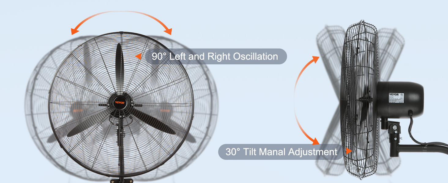 VEVOR wall-mount misting fan with 90° oscillation and 30° tilt for cooling versatility.