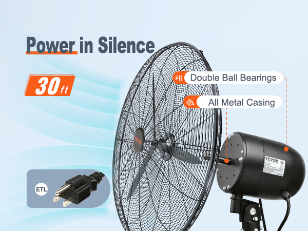 powerful VEVOR wall-mount misting fan, 30ft range, etl certified, double ball bearings, all-metal casing.