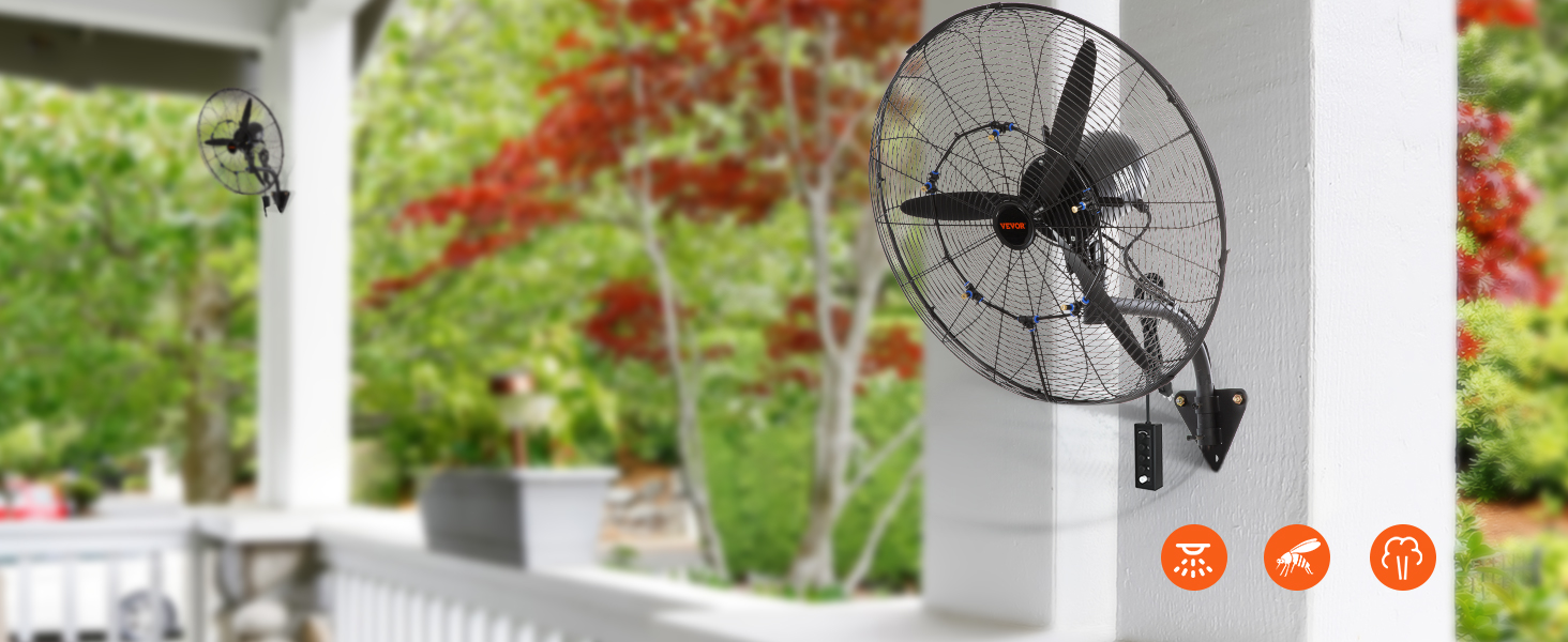 VEVOR wall-mount misting fan installed on a porch column, with lush greenery in the background.